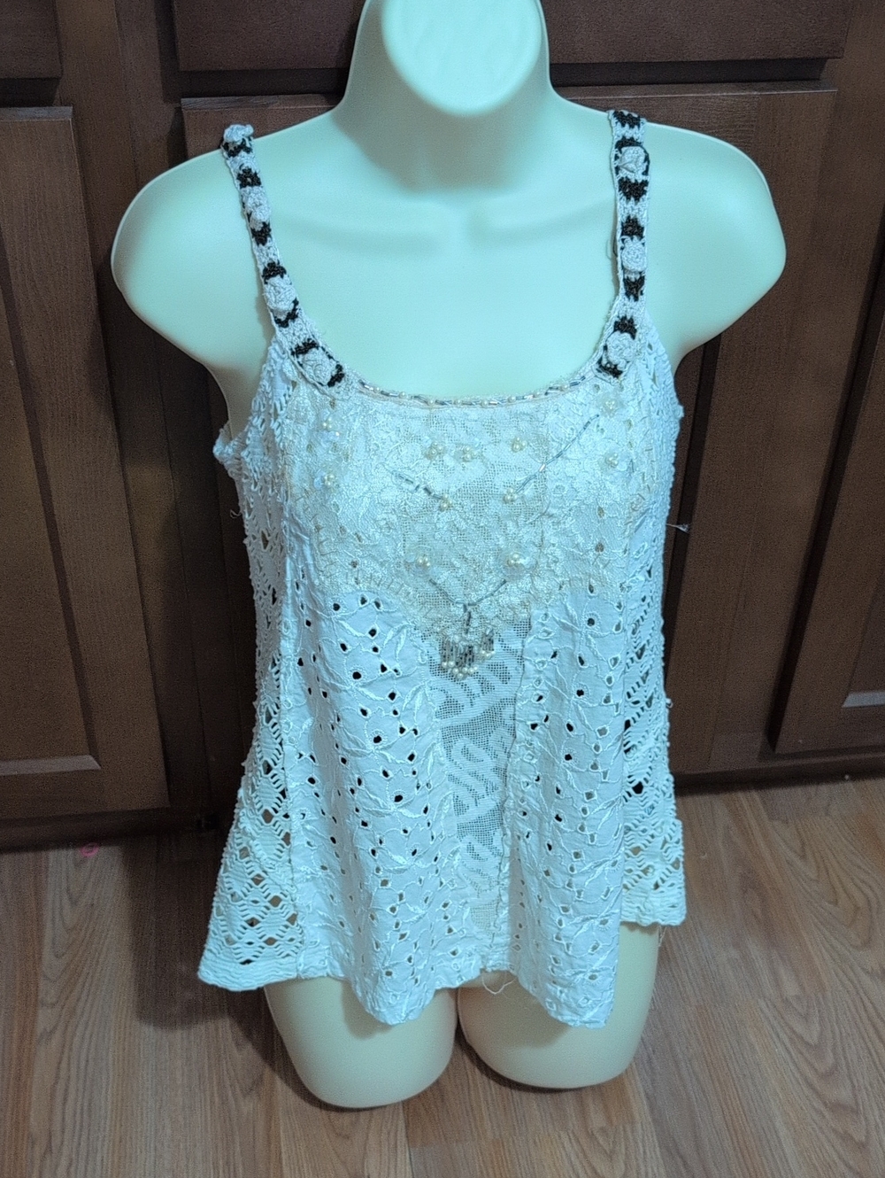 Free People White Crochet Lace Camisole with Beaded Front